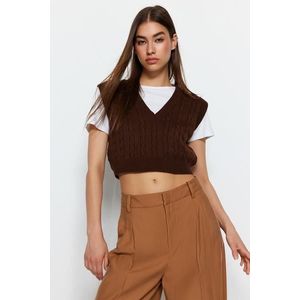Trendyol Brown Crop Pletený svetr s výstřihem do V obraz