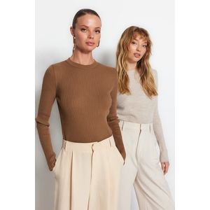Trendyol hnědo-kamenný pletený svetr s dvojitým balením obraz