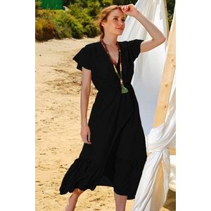 Trend Alaçatı Stili Dámské černé pruhované dvouřadé maxi šaty s límečkem a krčeným vzhledem obraz