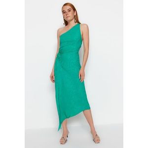 Trendyol zelená limitovaná edice shromážděné detailní žakárové saténové tkané šaty tkané šaty obraz