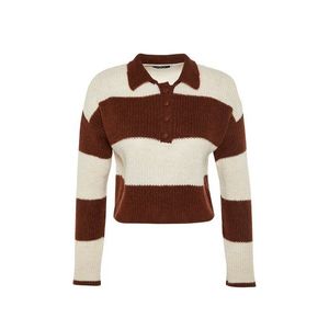 Trendyol Brown Crop Měkký texturovaný pletený svetr s barevným blokem obraz