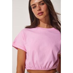 Happiness İstanbul Women's Pink Crop T-Shirt with Elastic Waist obraz