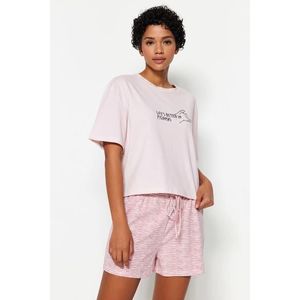 Trendyol Powder Striped Motto Printed Cotton T-shirt-Shorts Knitted Pajamas Set obraz