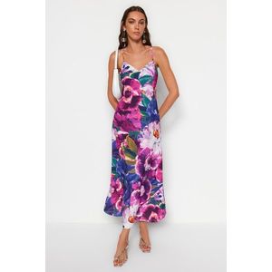 Trendyol Multicolored Flower Print Straight Cut Strap Midi Satin Woven Dress obraz