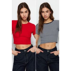 Trendyol Navy Blue Striped-Red Plain 2-Pack Fitted/Simple Crop Corduroy Knit Blouse obraz
