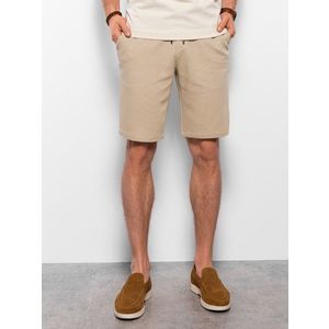 Ombre Men's knitted shorts with decorative elastic waistband - beige obraz