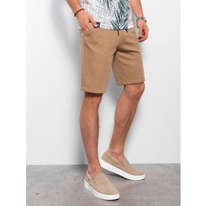 Ombre Men's knitted shorts with decorative elastic waistband - light brown obraz