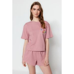 Trendyol Pink 100% Cotton Motto Printed T-shirt - Shorts Knitted Pajamas Set obraz