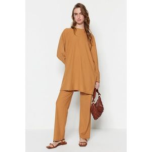 Trendyol Camel Pleated Tunic-Pants Knitted Set obraz