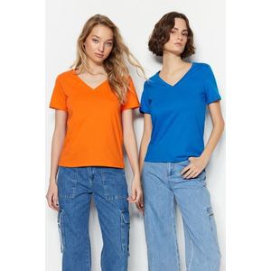 Trendyol Orange-Sax 100% Cotton 2-Pack Basic V-Neck Knitted T-Shirts obraz