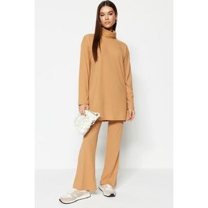 Trendyol Camel Turtleneck Tunic-Pants Knitted Set obraz