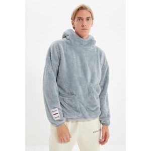 Trendyol Gray Unisex Oversize/Wide Fit Double Pocket Label Detail Warm Plush Sweatshirt obraz