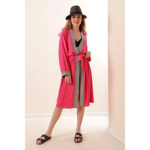 Bigdart 5865 Embroidered Knitted Long Kimono - Fuchsia obraz