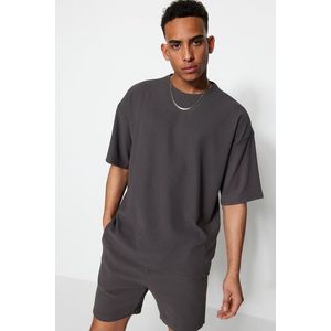 Trendyol Limited Edition Basic Gray Oversize/Wide Fit Textured Anti-Wrinkle Ottoman T-Shirt obraz