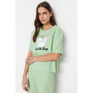Trendyol Světle Zelené 100% Bavlněné Pyžamo s Potiskem Zvířat - Tričko a Kalhoty obraz
