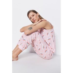 Trendyol Light Pink Rainbow Patterned Undershirt-Pants Knitted Pajamas Set obraz