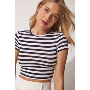 Happiness İstanbul Women's Black And White Striped Crop Knitted T-Shirt obraz