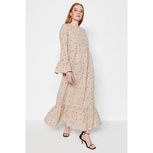 Trendyol Dark Beige Floral Patterned Woven Cotton Dress with Flounce Detail on the Sleeves obraz