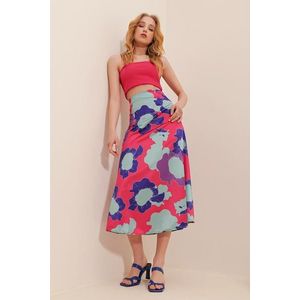 Trend Alaçatı Stili Dámská fuchsiová sukně s vysokým pasem, skrytým zipem a vzorovaným středně dlouhým saténem obraz