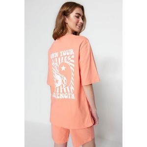 Trendyol Peach Unisex 100% Cotton Motto Printed T-shirt-Shorts Knitted Pajamas Set obraz