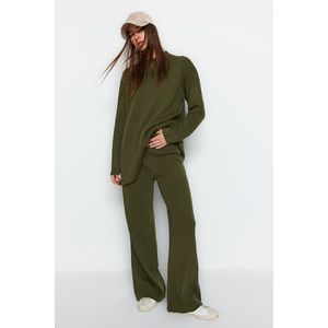 Trendyol Olejově zelená, široký střih, základní kalhoty a pletený top a spodní set obraz