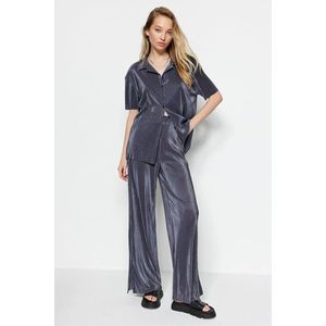 Trendyol Anthracite Pleated Wide-Cut Shirt and Trousers Knitted Top and Bottom Set obraz