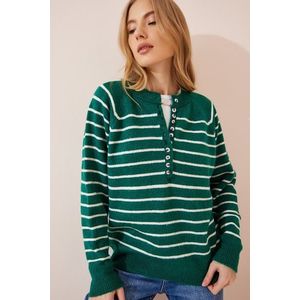 Happiness İstanbul Women's Dark Green Ecru Buttoned Collar Knitwear Sweater obraz