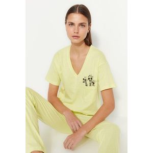 Trendyol Yellow 100% Cotton Printed Pocket Detailed Wide Fit T-shirt Trousers Knitted Pajamas Set obraz
