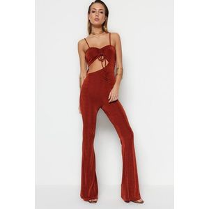 Trendyol Cinnamon Jumpsuit with Knitted Window/Cut Out Detail and Shimmer obraz