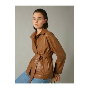 Koton Women's Tan Belted Faux Leather Jacket obraz