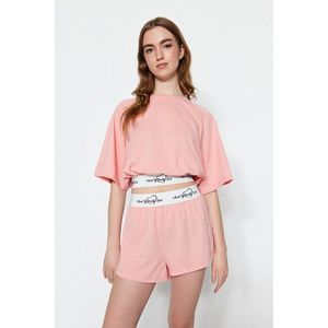 Světle růžová bavlněná elastická T-shirt-šortky pletená pyžamová souprava od Trendyol obraz