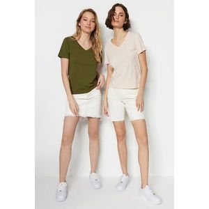 Trendyol Khaki-Beige 100% Cotton 2-Pack Basic V-Neck Knitted T-Shirt obraz
