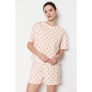 Trendyol Light Pink 100% Cotton Heart Patterned T-shirt-Shorts Knitted Pajamas Set obraz