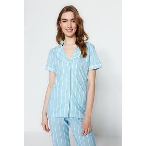 Trendyol Light Blue Cotton Striped Piping Detailed Sleep Band Knitted Pajamas Set obraz