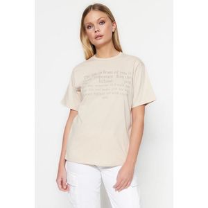 Trendyol Stone color 100% Cotton Slogan Printed Boyfriend Fit Crew Neck Knitted T-Shirt obraz