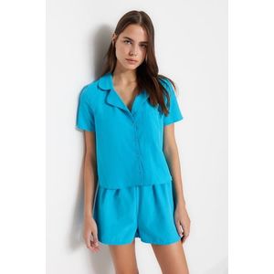 Trendyol Blue Terrycotton Shirt-Shorts Woven Pajamas Set obraz