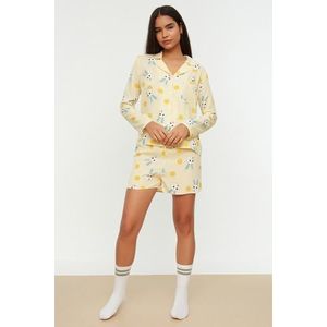 Trendyol Yellow Rabbit Pattern Viscose Shirt-Shorts Woven Pajamas Set obraz
