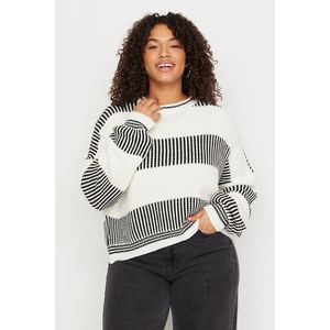 Trendyol Curve Ecru pruhovaný texturovaný pletený svetr s výstřihem obraz