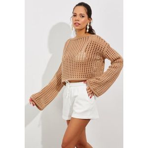 Cool & Sexy Women's Camel Spanish Knitwear Short Blouse with Openwork Sleeves obraz