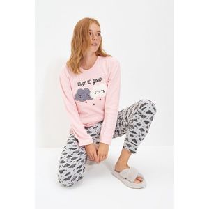 Trendyol lososová bavlněná vyšívaná tričko-jogger pletená pyžama sada obraz