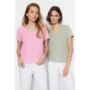 Trendyol Pink-Mint 100% Cotton 2-Pack Basic V-Neck Knitted T-Shirt obraz