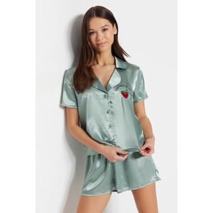 Trendyol Mint Embroidered Satin Shirt-Short Woven Pajamas Set obraz