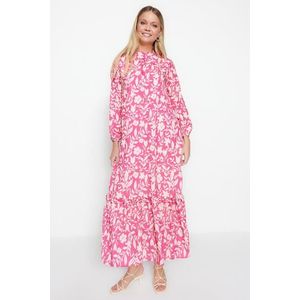 Trendyol Dark Pink Floral Half Patties With Frill Trim Lined Woven Dress obraz