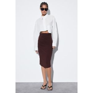 Trendyol Dark Brown Shirred Detail Fitted/Slippery High Waist Midi Pencil Skirt, Stretch obraz