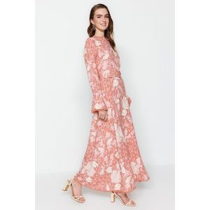 Trendyol Dried Rose Flower Patterned Woven Dress with Belt obraz