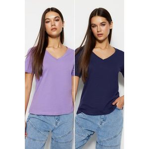 Trendyol Navy Blue-Lilac 100% Cotton 2-Pack Basic V-Neck Knitted T-Shirt obraz
