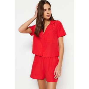 Trendyol Dark Red Terrycotton Shirt-Shorts Woven Pajamas Set obraz