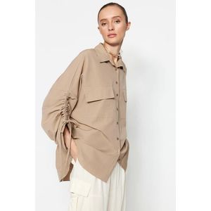 Trendyol Stone Adjustable Sleeves, Shirring Detail Woven Cotton Shirt obraz