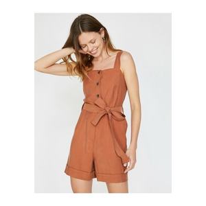 Koton Women's Brown Strap Button Detailed Jumpsuit with Waist Tie and Pocket Detail obraz