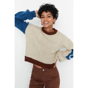 Trendyol Stone Měkký texturovaný pletený svetr s barevným blokem obraz